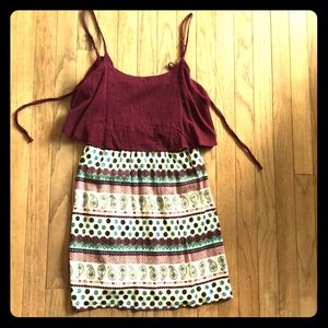 Maroon ruffle top print dress